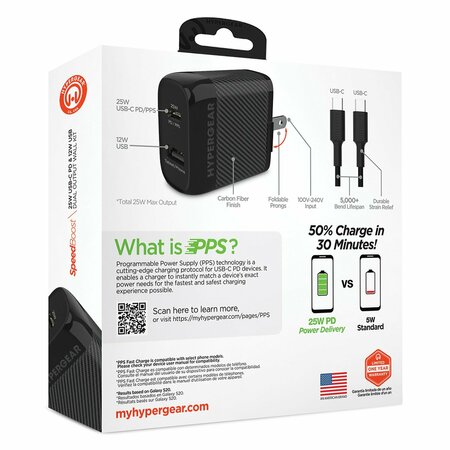 HYPERGEAR SpeedBoost 25-Watt PD Dual-Output USB-C Wall Charger Kit 15626